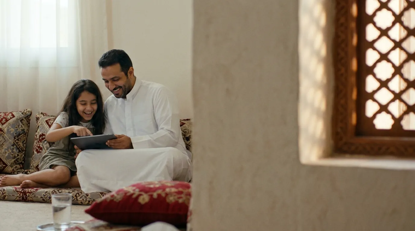 أب يساعد ابنته في واجبها المدرسي في مجلس البيت.