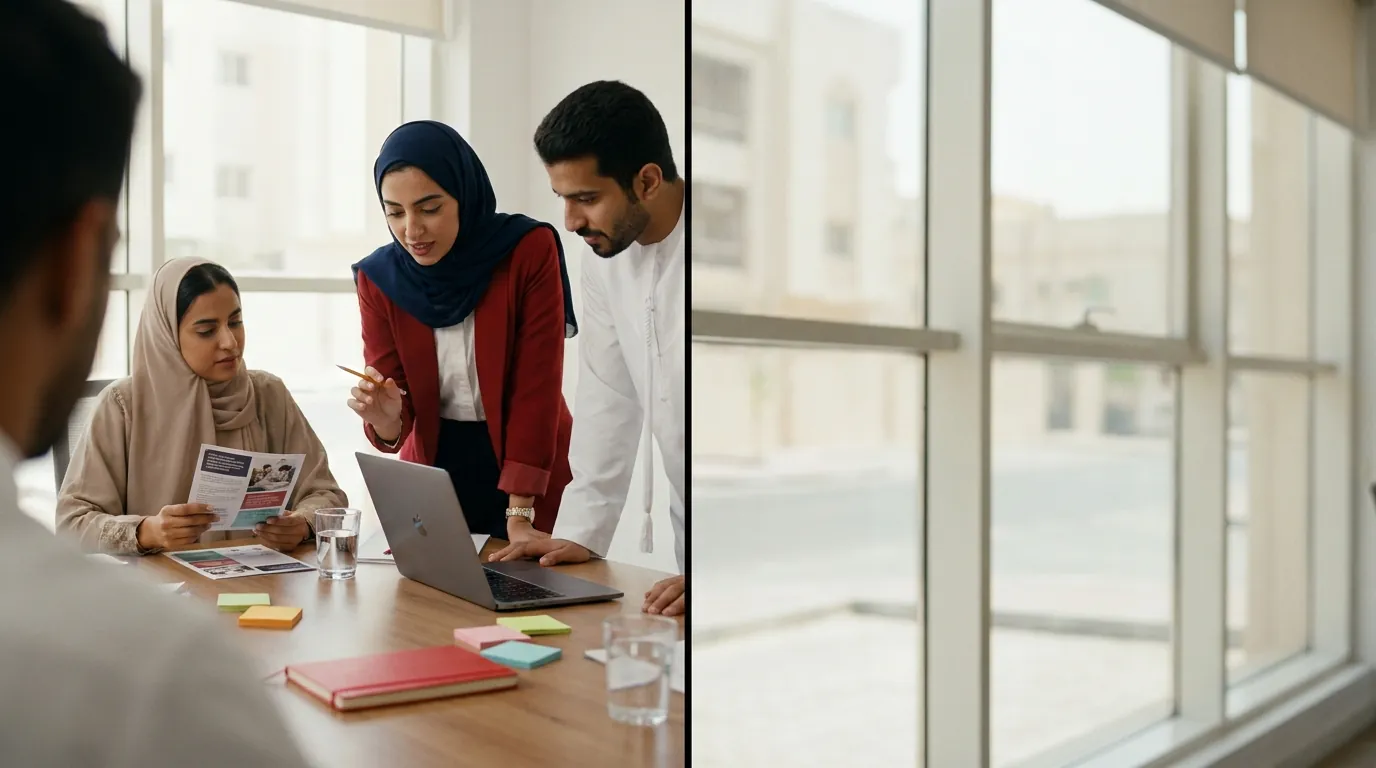 فريق من المتطوعين يخطط لحملة توعية حول طاولة العمل.